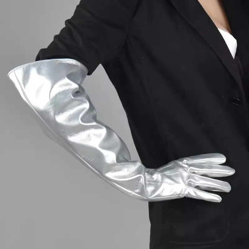 

Women's Runway Fashion Silver PU Leather Long Glove Lady's Club Performance Formal Party Dancing Glove 50cm R1039