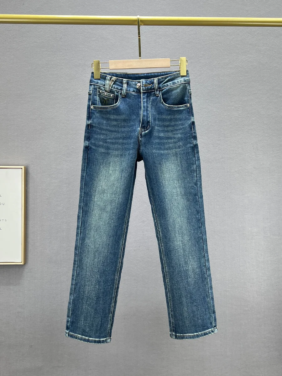 

Женские джинсы с высокой талией, прямые, облегающие, эластичные, повседневные, модные, из хлопкового стрейч-денима, синие