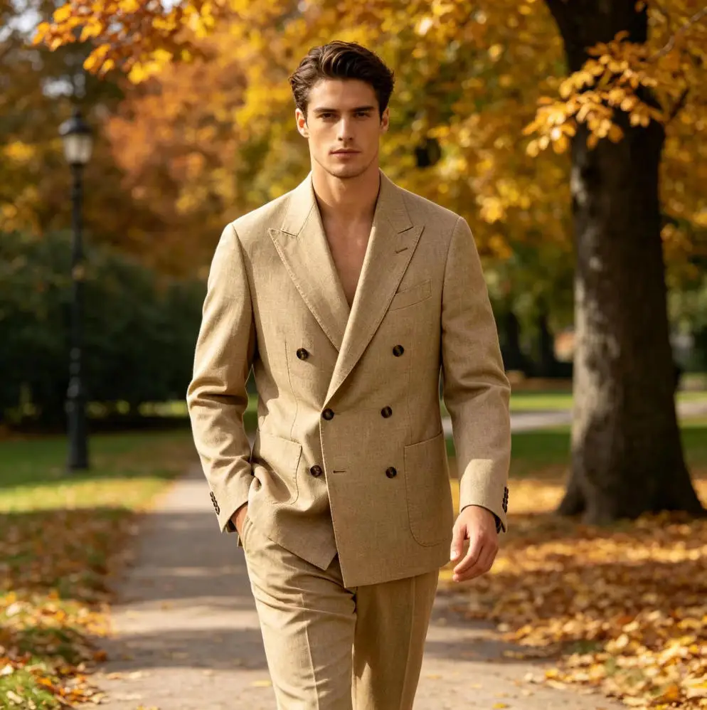 Only Men's Linen Blazer 1PCS Double Breasted With Patch Pockets For Daily Office Peak Lapel Casual Business Suit Jacket Wear