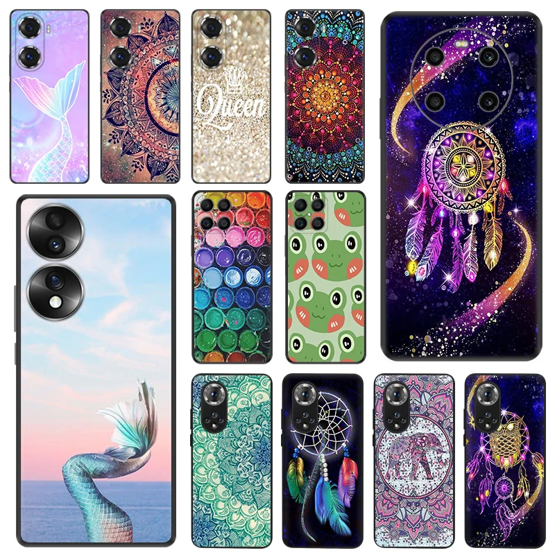 Black Matte Phone Case for Honor X8b X8 X7 X6a X9b 90 70 Magic5 Mermaid Mandala Dreamcatcher Huawei P40 P30 P20 smart Soft Cover