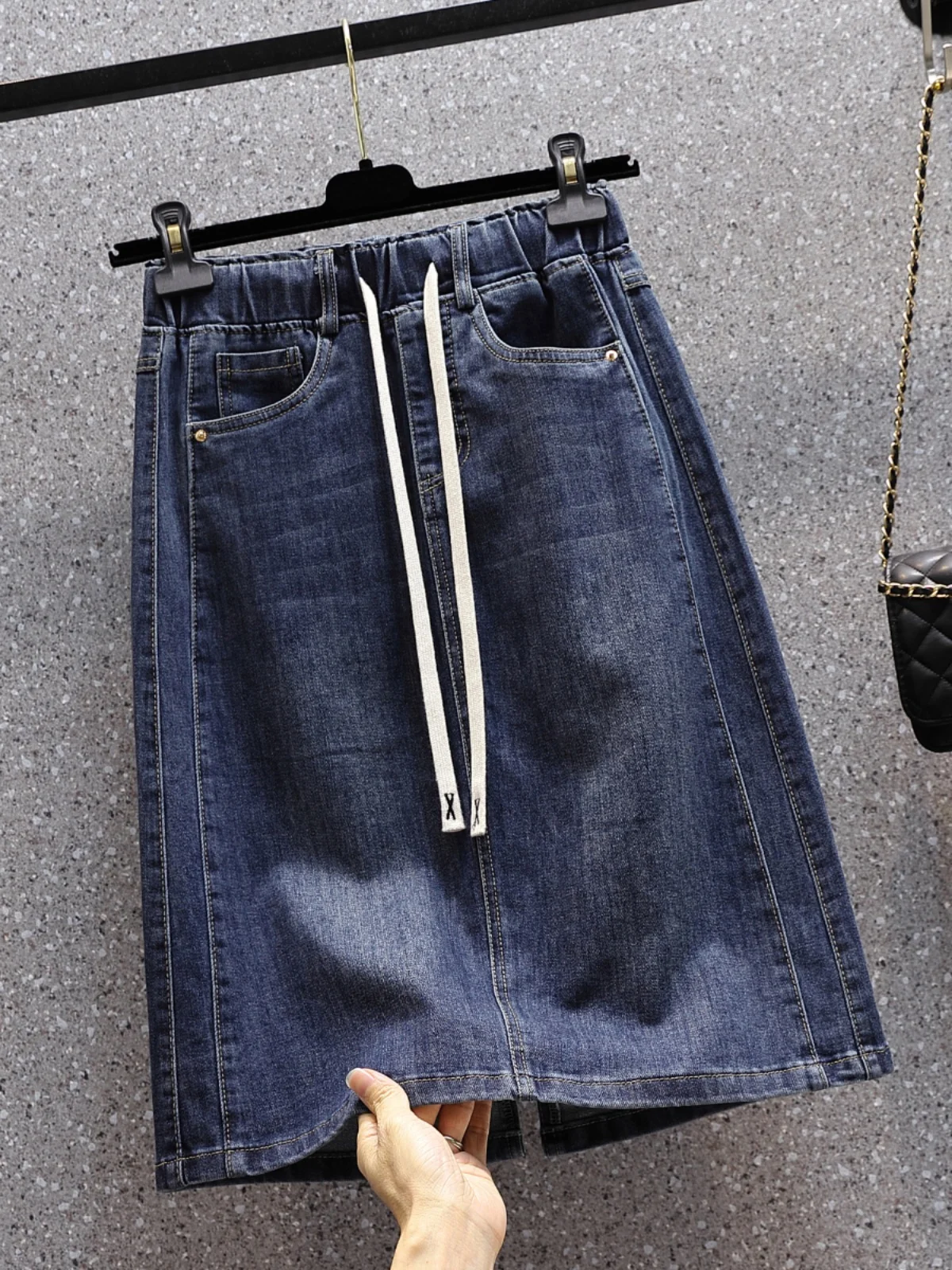 Large Size Elastic Waist Denim Skirt For Women's 2024 Summer New Elastic Loose A-line Mid Skirt Fashion Lace Up Split Skirt