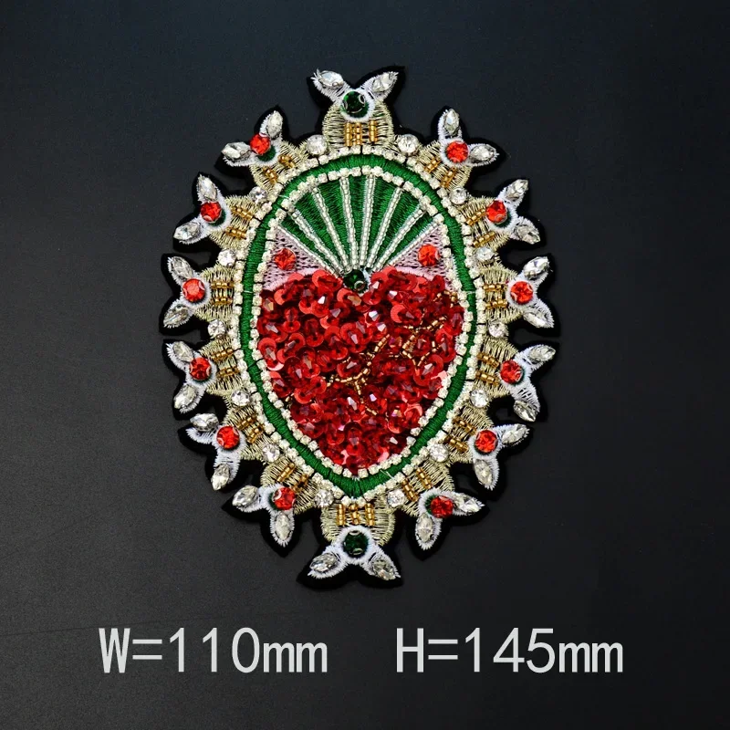 Handmade Rhinestone Beaded Patches Large Heart Cross Sewing on Patch for Clothing DIY Applique Decorative Clothes Bag Accessory