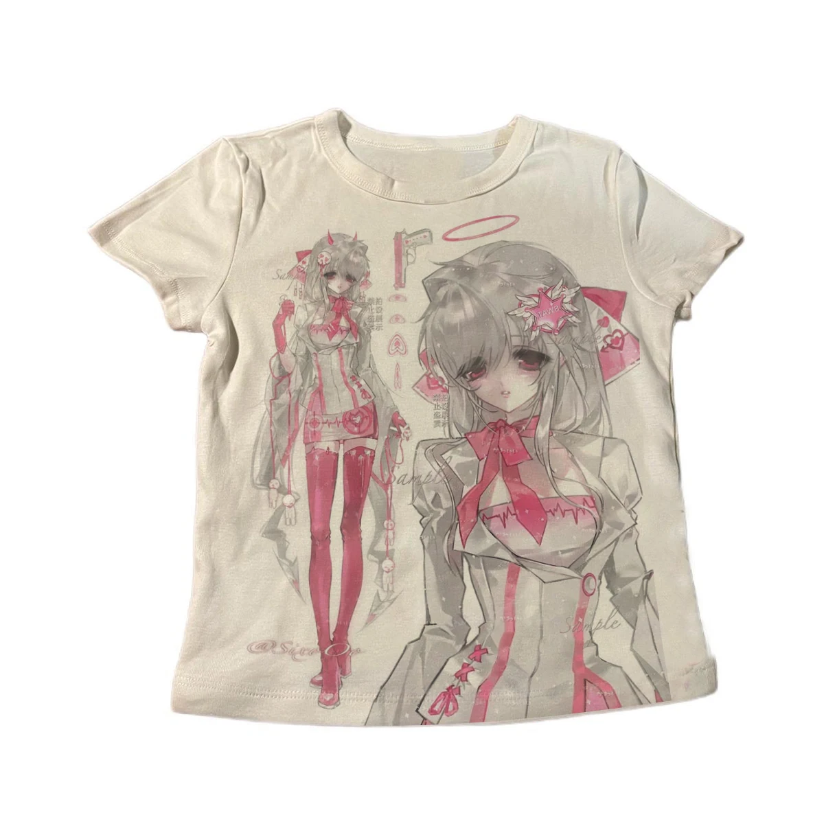 White Slim Baby T Shirt Women Pink Demon Nurse Anime Graphic Print Short Sleeve Goth Y2K Egirl Lolita Harajuku Alt Streetwear Te