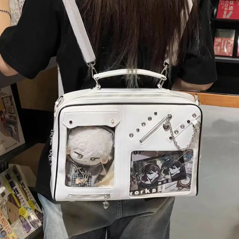 برشام سلسلة Y2k Ita حقيبة يد الفتيات جيب مزدوج Preppy نمط حقيبة كتف شارة عرض Harajuku ظهره لطيف دمية الألم حقيبة #2