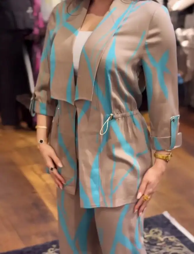 

2 Pieces Outfit Abstract Print Open Front Turn-Up Sleeves Drawstring Cinched Waist Coat Elastic Back Waist Wide Leg Pants Set