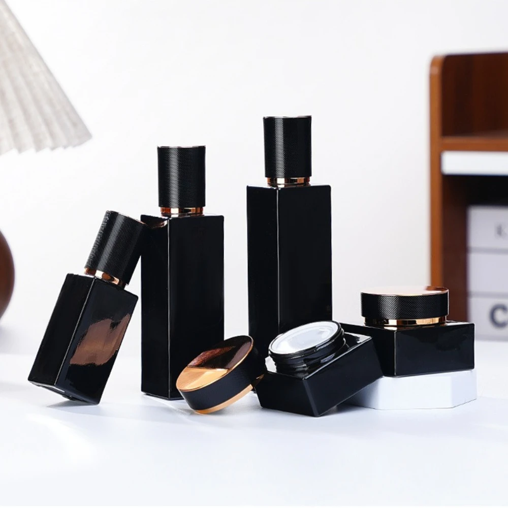 6 Stück Quadratische Glas-Kosmetikflaschen, Nachfüllbare Pumpflaschen für Lotion, Tragbare Reise-Leerdosen, Lichtdichte Cremetiegel für Hautpflege-Aufbewahrung – Detail 4