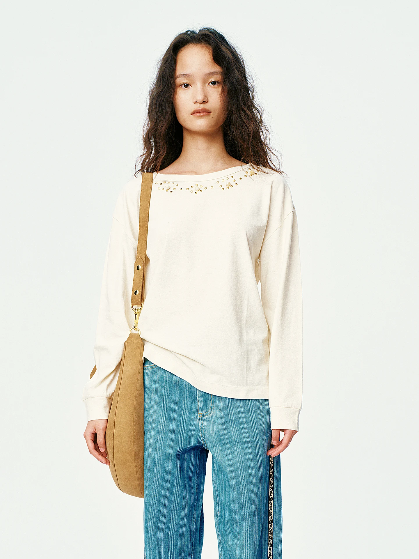 

Женская футболка Xuzhi с круглым вырезом и металлическими бусинами, повседневная, приталенная, осенняя новинка