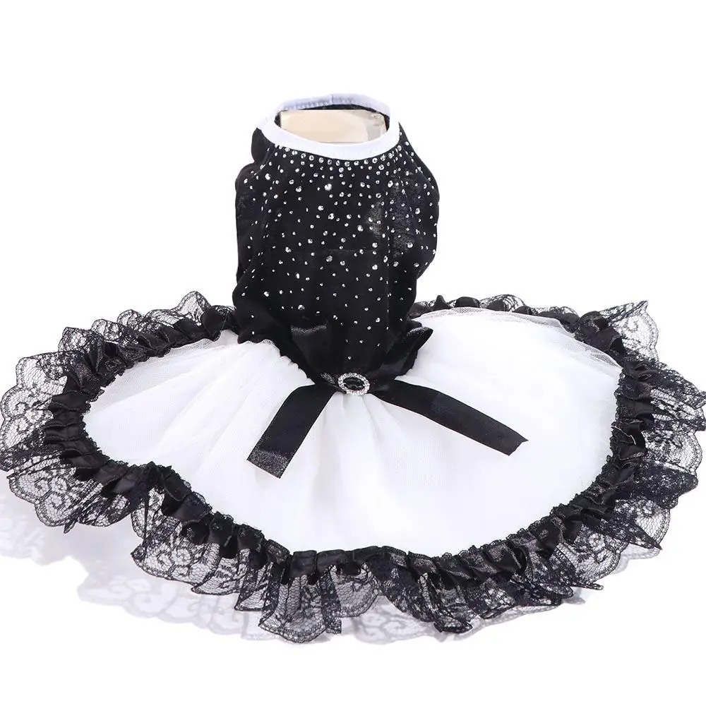 

Beautiful Black-white Glitter Bow Lace Dog Skirt Diamond Formal Dog Skirts with Lace Trim Dot Tutu Dog Dress Photo Prop