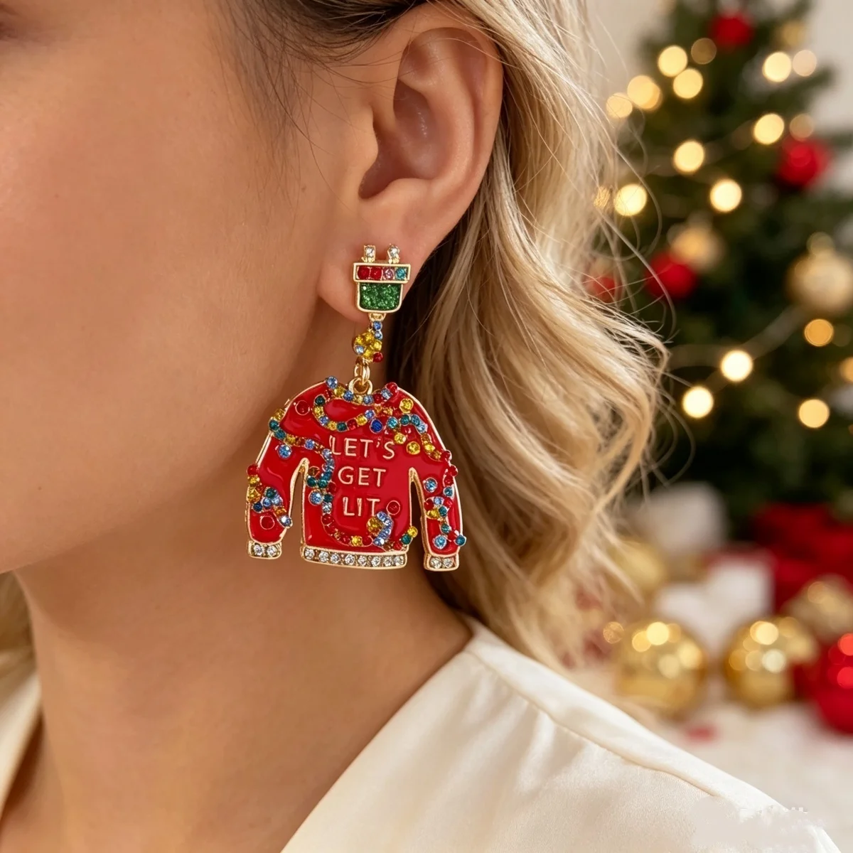 Bunte Strass-Weihnachtspullover-Geschenkbox-Ohrhänger für Damen, Weihnachts-Schneeflocken-, Schlittschuh-, Glühbirnen- und Haus-Ohrringe, Schmuck – Detail 9