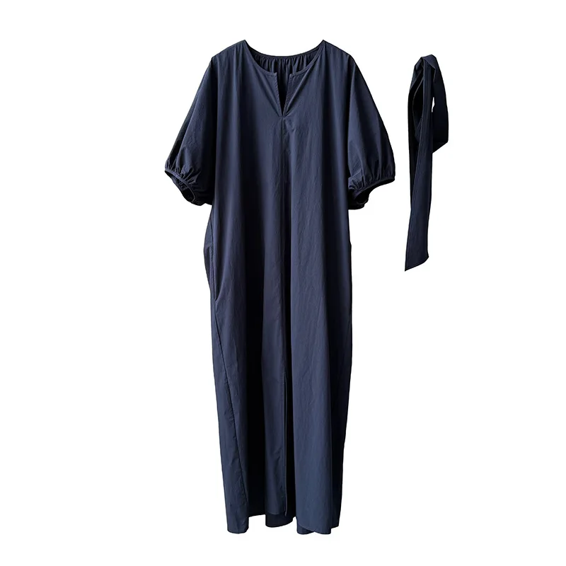 2025 Summer Women's Casual Bubble Sleeve Dress  Cotton Tie-Waist A-Line Long Dress, Loose Boho Style, Short Sleeve 82399