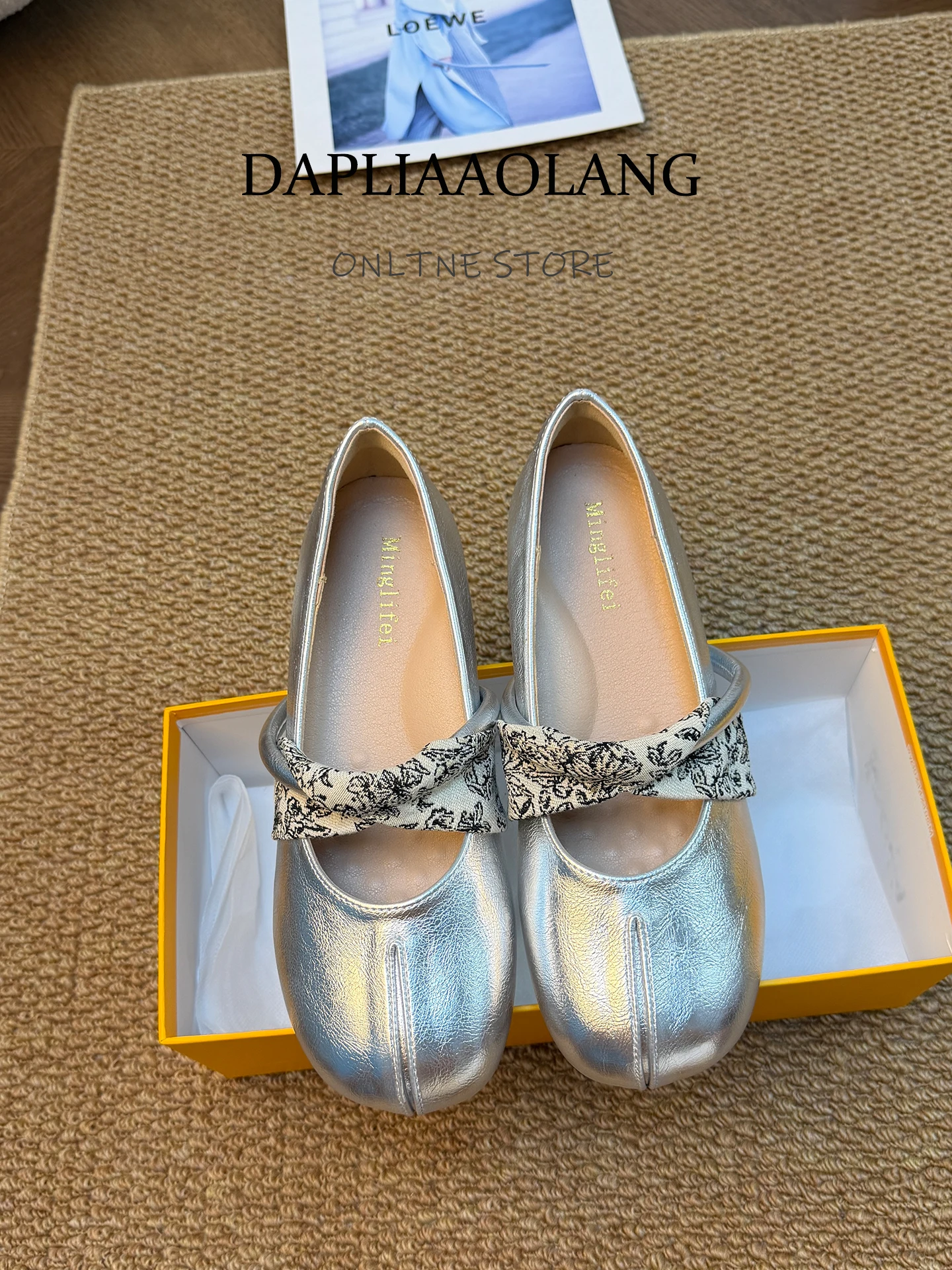 silver-glittery-genuine-leather-mary-jane-ballet-flats-women's-summer-fashion-shoes-increased-height-rubber-outsole-round-toe