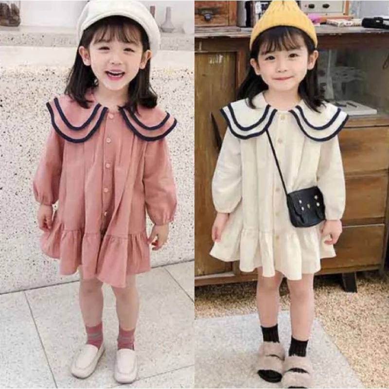 

Hnq-Children's Preppy Style Dress Autumn Girls' Ruffle Collar Skirt Children Shirt3-8Children's Clothing One Piece Dropshipping