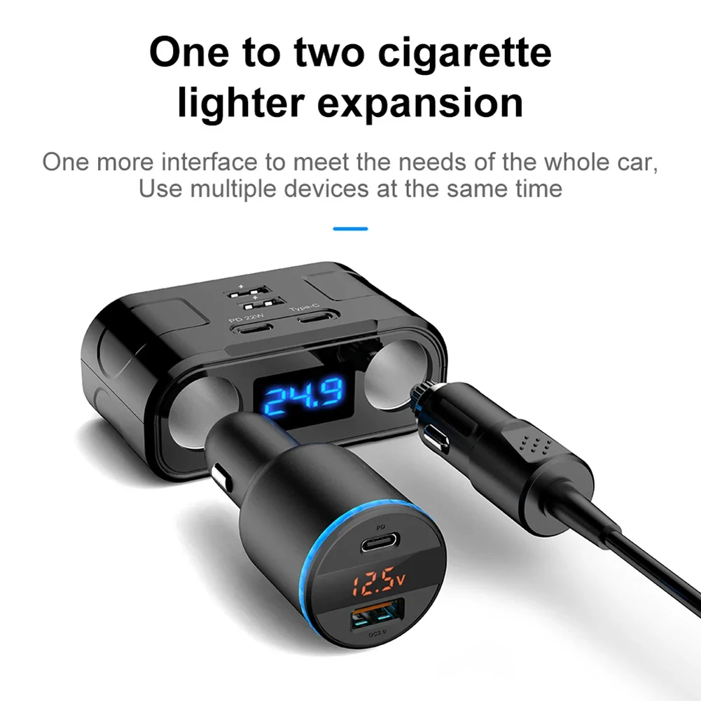 QC3.0 USB Car Charger 2 Type-C+2 USB Blue LED Digital Display 22W DC 12V-24V Dual USB Power Adapter Car Cigar Lighter Socket