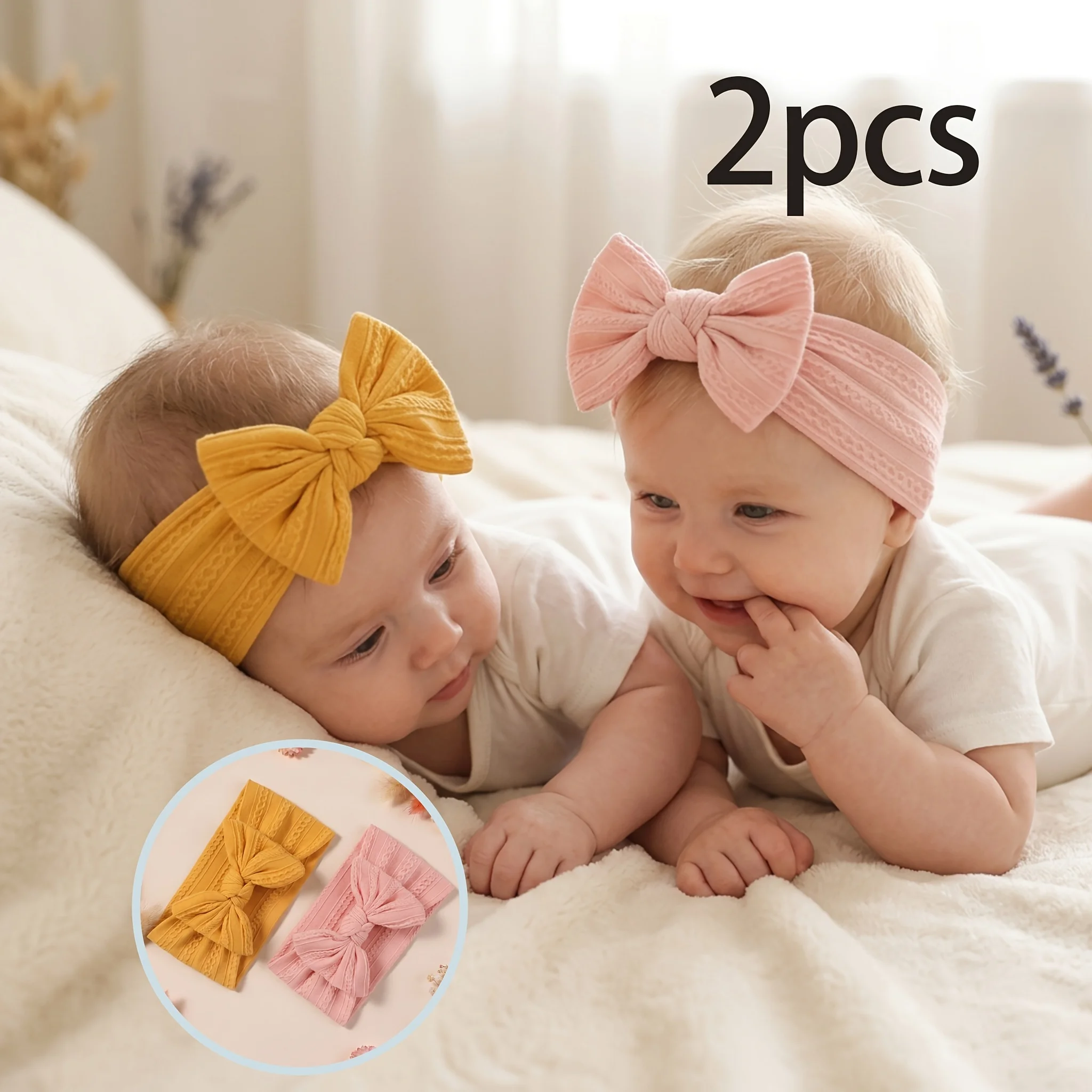 2Pcs Baby Girl Cable Knit Bow Headband Soft Stretchy Newborn Infant Toddler Hair Accessories Photography Props Yellow Pink