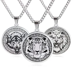 1pc Stainless Steel Mens Punk Animal Pendant Choker Necklace Tiger Lion Wolf Bear Charms Sweater Chains Necklaces Jewelry Gifts