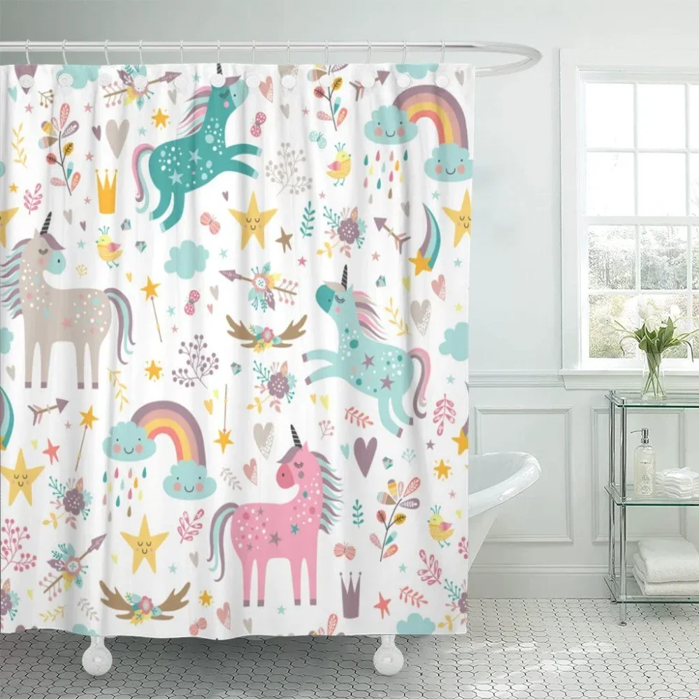 Cartoon Kid Shower Curtain Cute unicorn Five-Pointed Star Flower Leaves Fabric Bathroom Curtain Set Bath Accessories Set Hooks