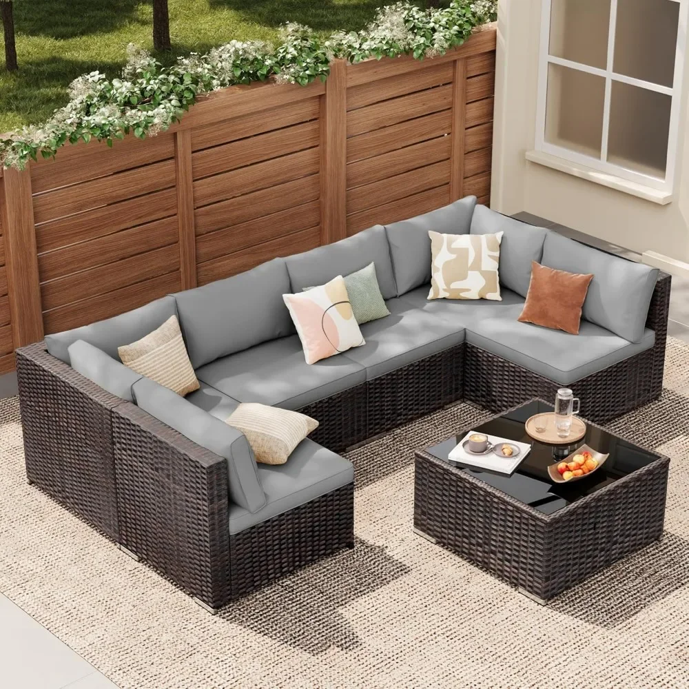 7-Piece Outdoor Sectional Patio Furniture Set, PE Rattan Outdoor Furniture Patio Set with Cushions and Glass Coffee Table