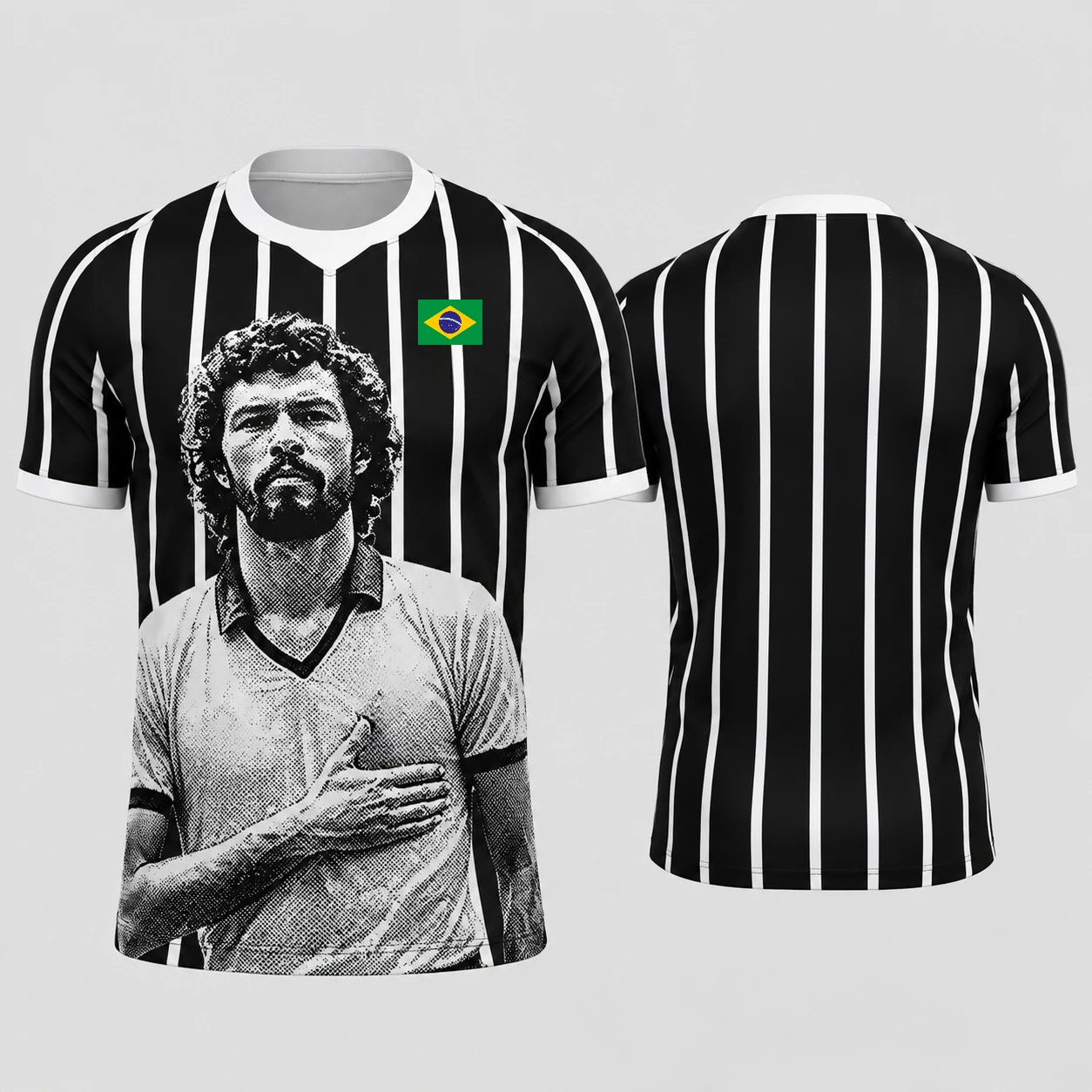 Black White Vertical Stripe Men T‑Shirt Retro Badge Print Short Sleeve Quick Dry Athletic Sport Training Football Jersey