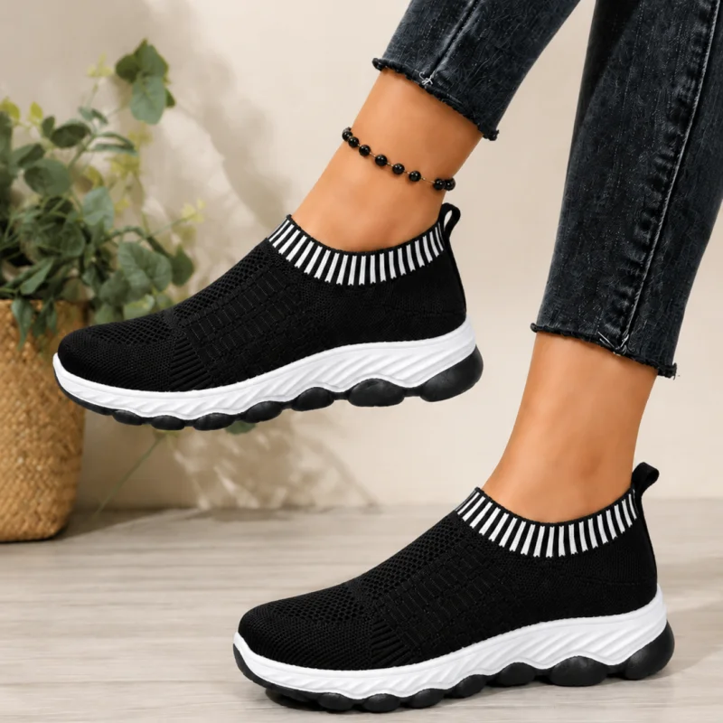 Zapatillas deportivas sin cordones de malla transpirable gris para mujer, zapatos ligeros y cómodos con suela ondulada acolchada