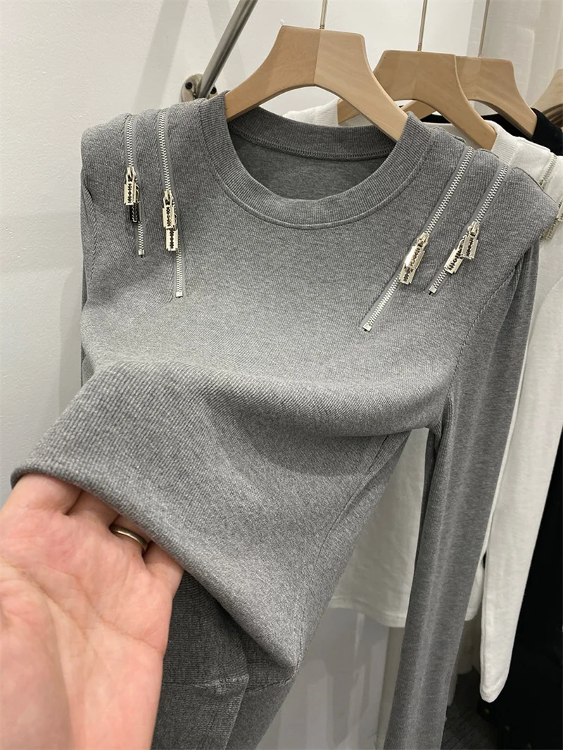 

Women's Long Sleeve T-Shirt Zipper Pad Shoulder Loose Fit Cotton Blend Casual Top Brand Tag Removed Korean Style Commute Wind