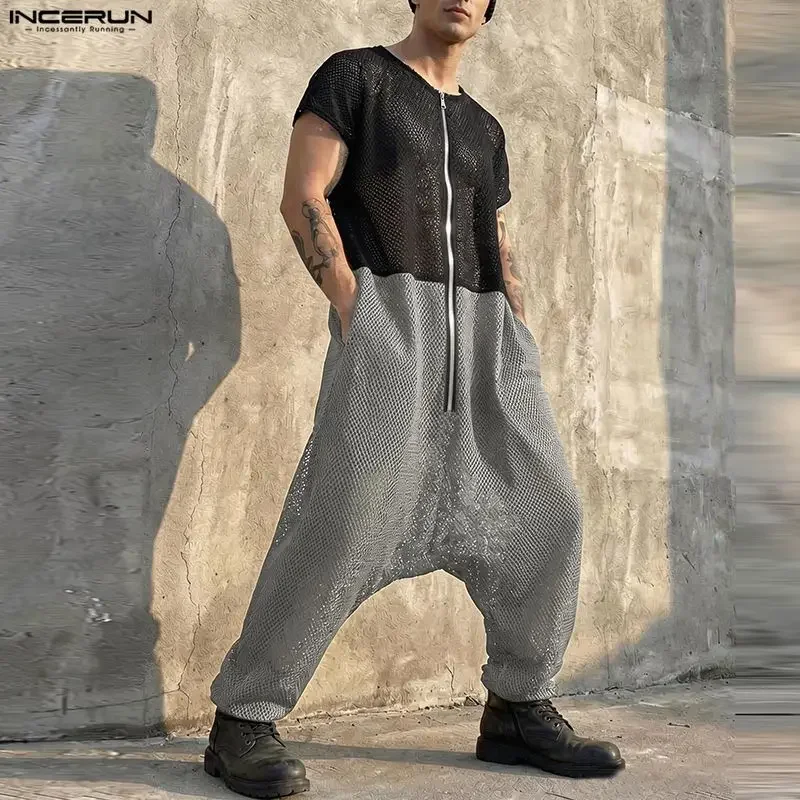INCERUN Men's Jumpsuits Mesh Patchwork Color-block Zipper Rompers For Man Streetwear Loose 2026 Short Sleeve Fashion Overalls