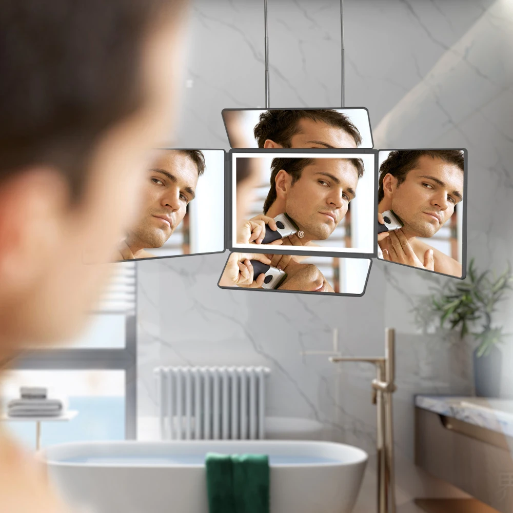 5 Way Mirror for Hair Cutting With LED Light Portable 360 Trifold Barber Self Cut Mirror with Height Adjustable Hooks