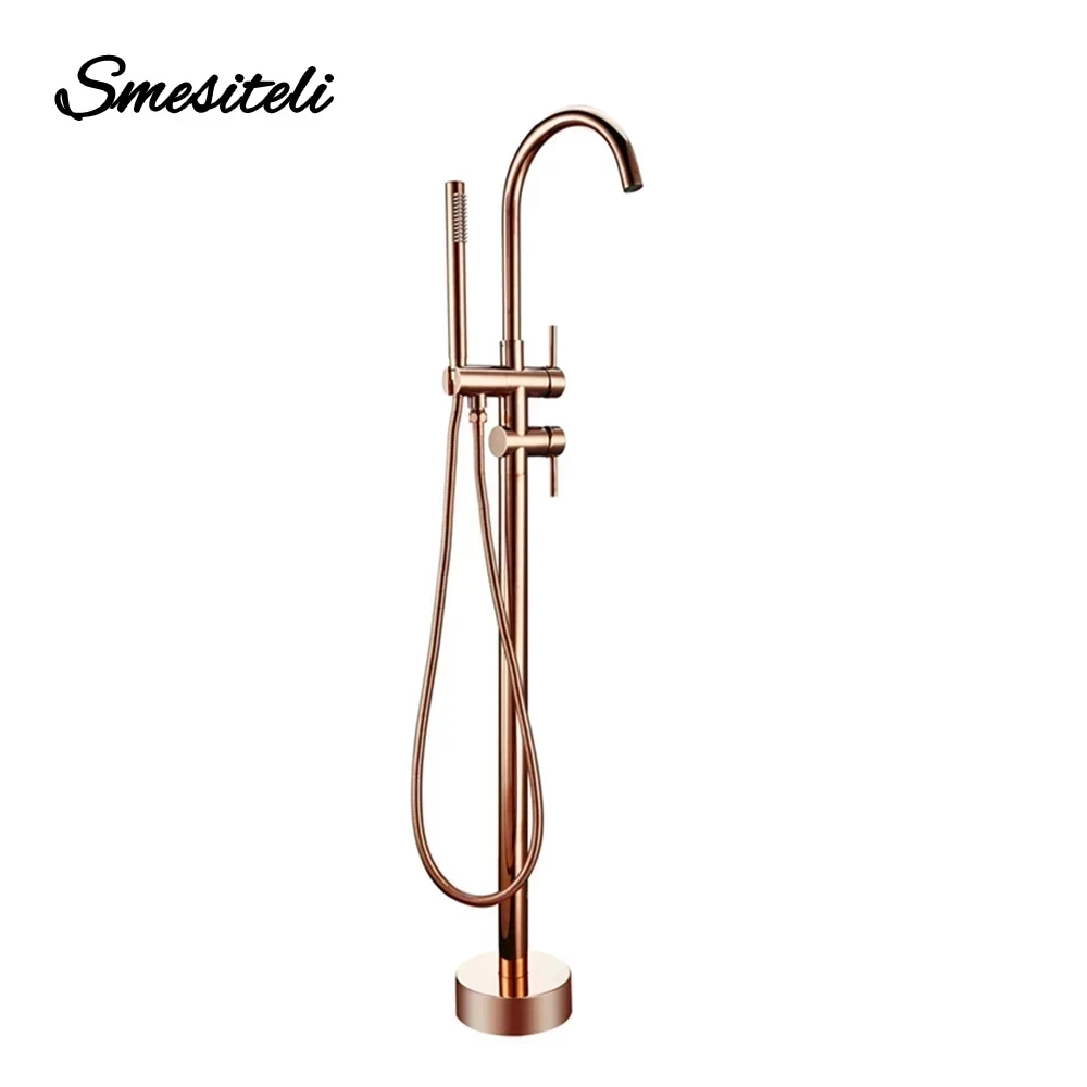 Freestanding Bathtub Faucet Bathroom Tub Shower Diverter Floor Mounted Mixer Tap Brass Rose Gold for Bath Spout With Handshower