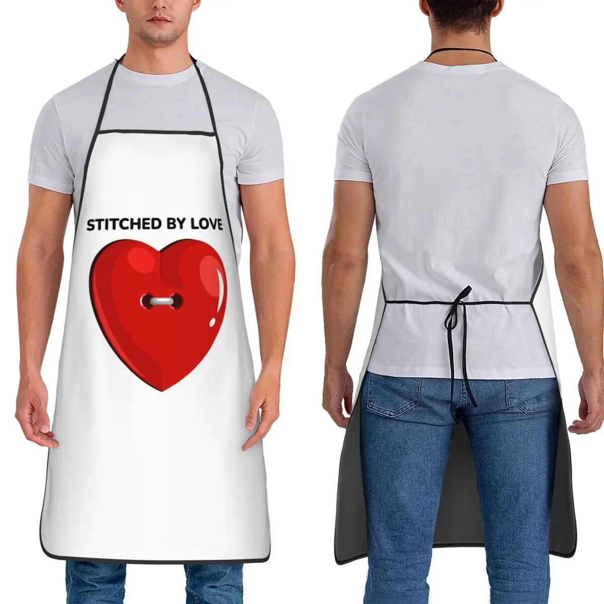 Stitched By Love Cute Red Heart Button Aprons Chef Baking Tablier Waterproof Bib Kitchen Cleaning Pinafore for Women Men