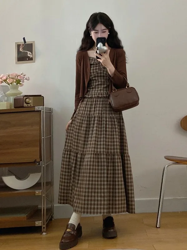 

plus Size Women's Vintage Plaid ter Top And High Waist Skirt Set Korean Sle Loose Fit Long Sve Autumn Faion