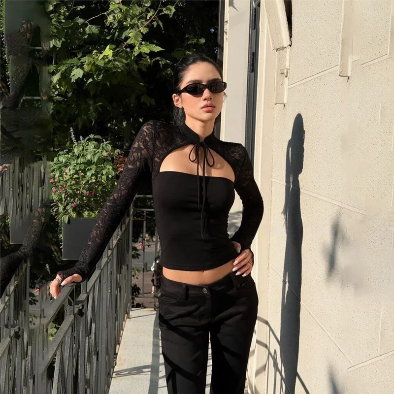 Black Spliced Hollow Long Sleeve Top Unique Stylish Single Wear Autumn New Arrival Women's Slim Fit T-shirt Daily Wear Polyes...