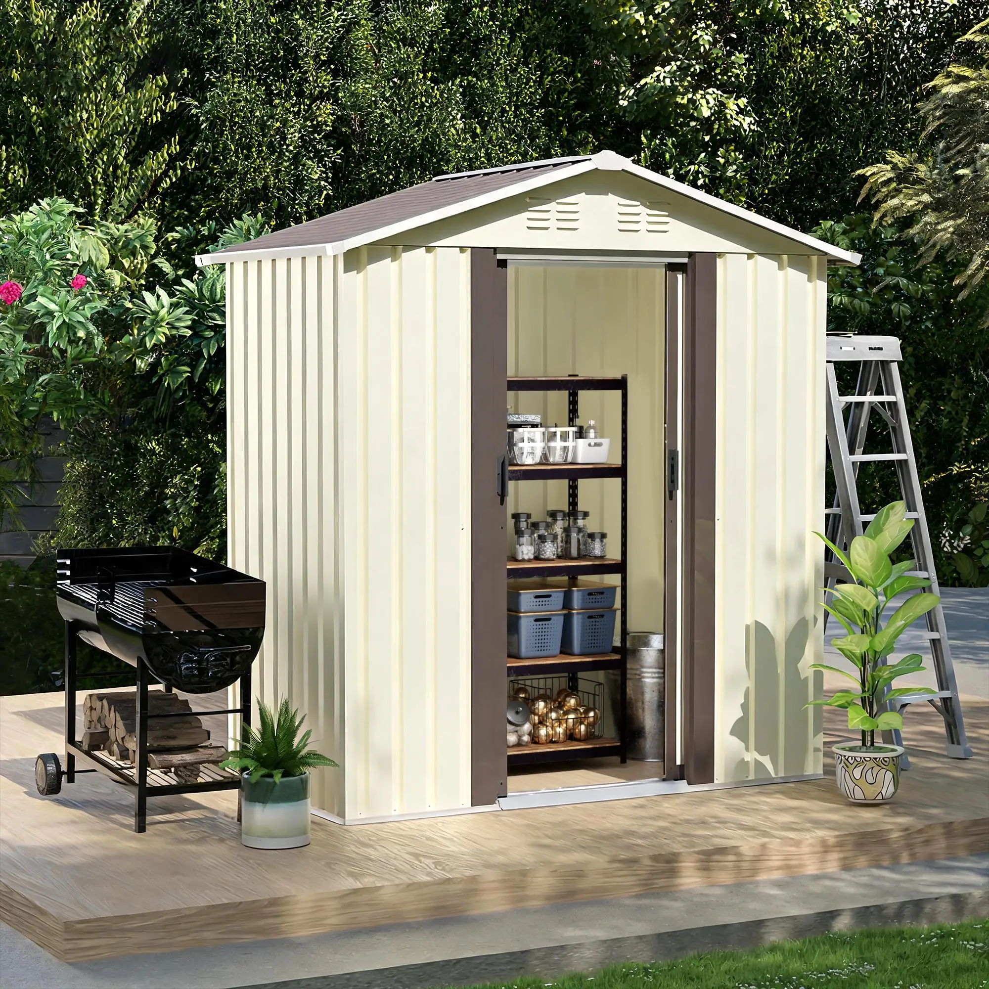 5x3 FT Metal Garden Shed Beige American Design Outdoor Patio Backyard Storage with Sliding Door