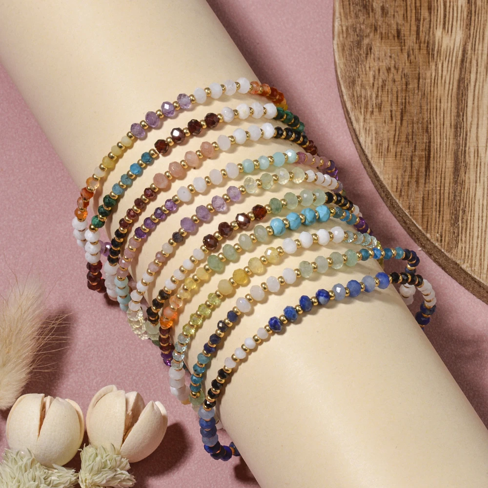 Quatre types de pierres naturelles grenat vert Aventurine spinelle noire et pierre de lune rondelles à facettes bracelet bohème extensible