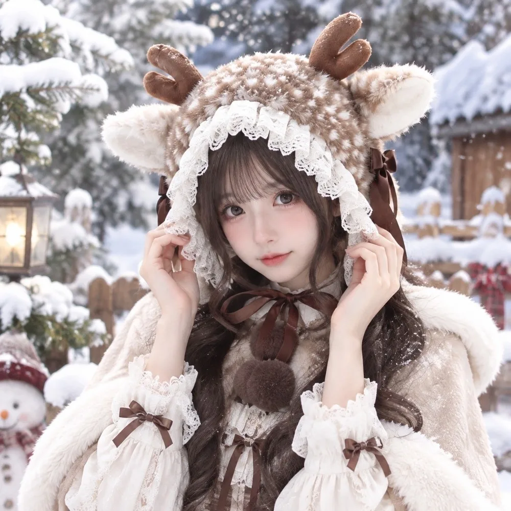 Cute Thick Deer Pattern Faux Fur Hat Warm Leg Cover Mink Fur Fake Collar Windproof Soft Fluffy Plush Neck Warmer Cold Weather
