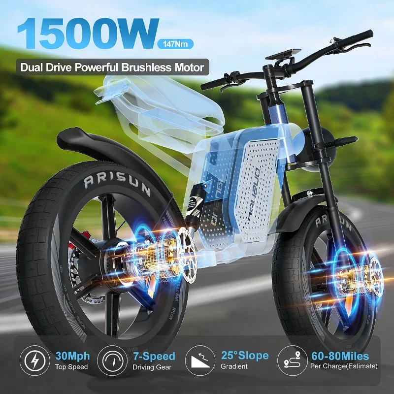 Electric Bicycle JANSNO X60 1500W Dual Motor 48V23AH Lithium Battery Electric Bike Adult 20*4.0 Inch Fat Tire Motorcycle E-Bike