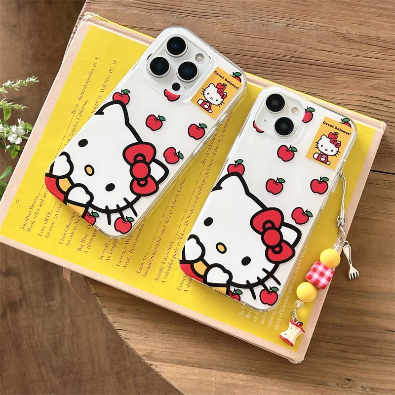 

Cute cartoon Sweet Fruits Hello Kitty Bow KT Phone Case For iPhone 13 14 15 16 Pro Max ins creative KT Funny fork Fruits Pendant