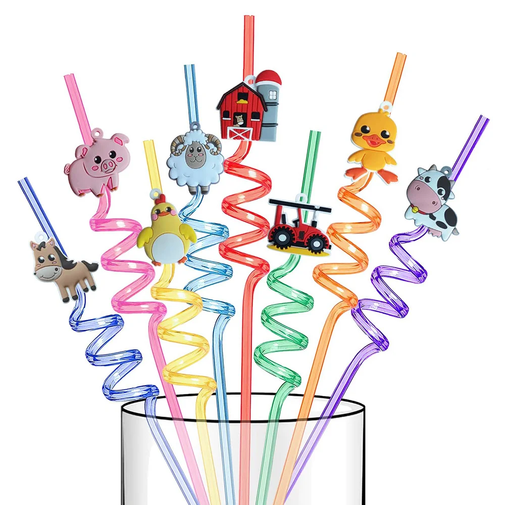 

8Pcs Farm Animals Plastic Drinking Straws Reusable Kids Barnyard Farm Birthday Party Supplies Chicken Sheep Cow Pig Crazy Straws