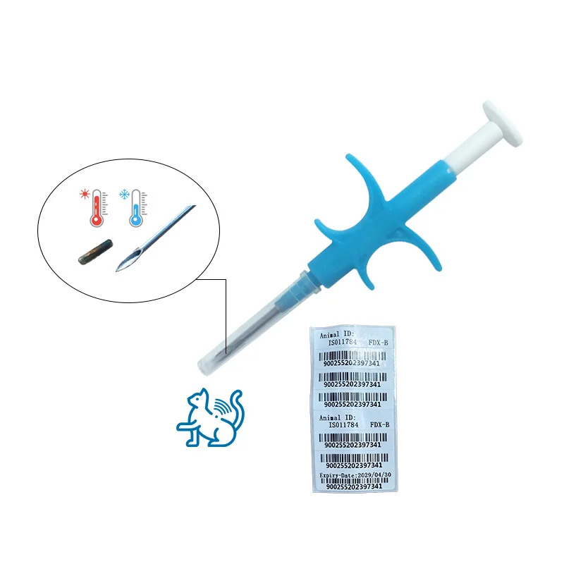 1.4x8mm thermo microchip with syringe RFID 134.2Khz ICAR FDX-B standard for pet animal ID and health monitoring simultaneously