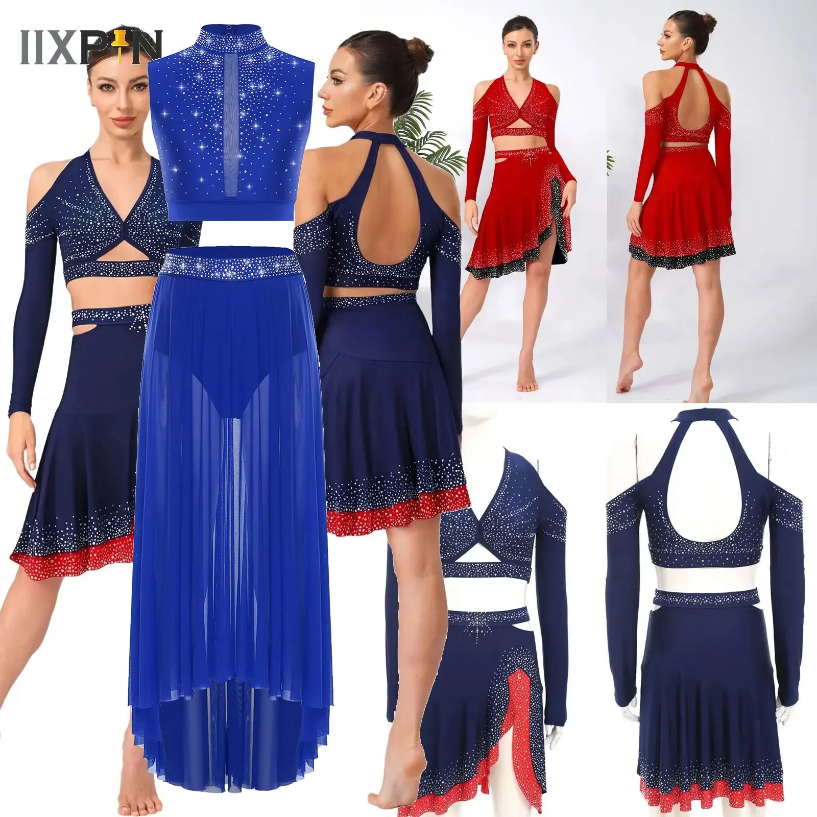 

Women Latin Dance Set Ballet Outfit Belly Dance Chacha Tango Performance Halter Long Sleeve Crop Top+Skirt 2-piece Dancewear
