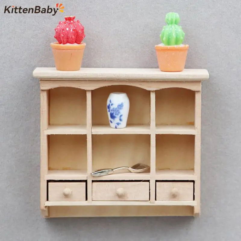 1Pcs 1:12 Dollhouse Miniature Wood Wall Cabinet Hanging Storage Organizer Cupboard House Furniture Decor Toy