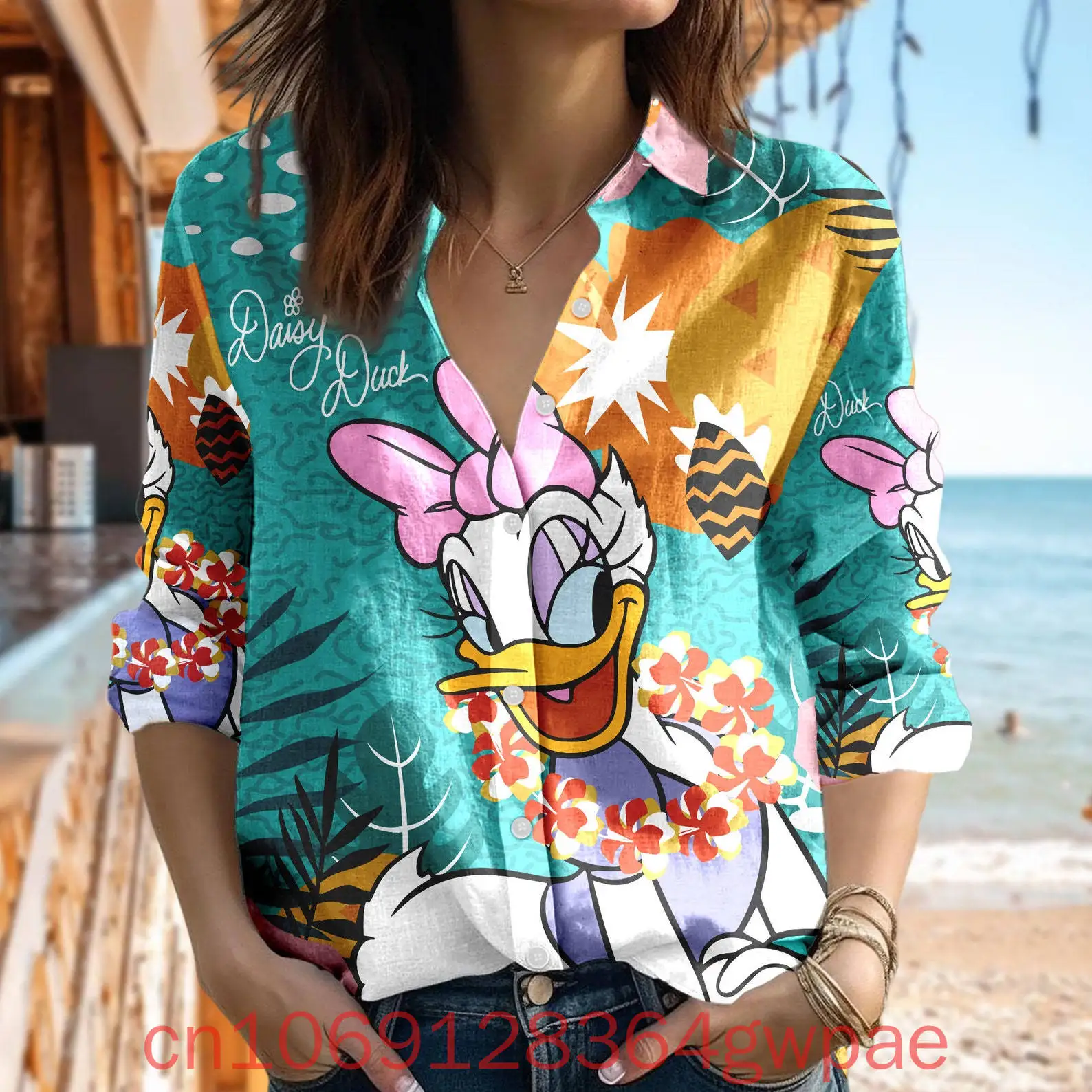 Disney Daisy Duck Women's Blouses Shirt Casual Button Up Long Sleeve Shirt Mickey Minnie Vacation Women Fashion Elegant Shirts