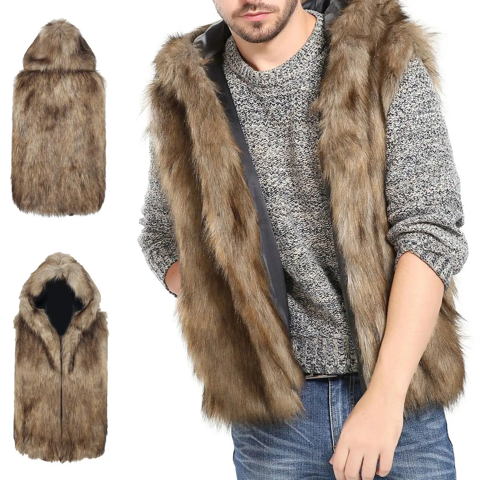 

Men's Faux Fur Vest Hooded Sleeveless Waistcoat Jacket Winter Warm Coats Overcoat Outwear