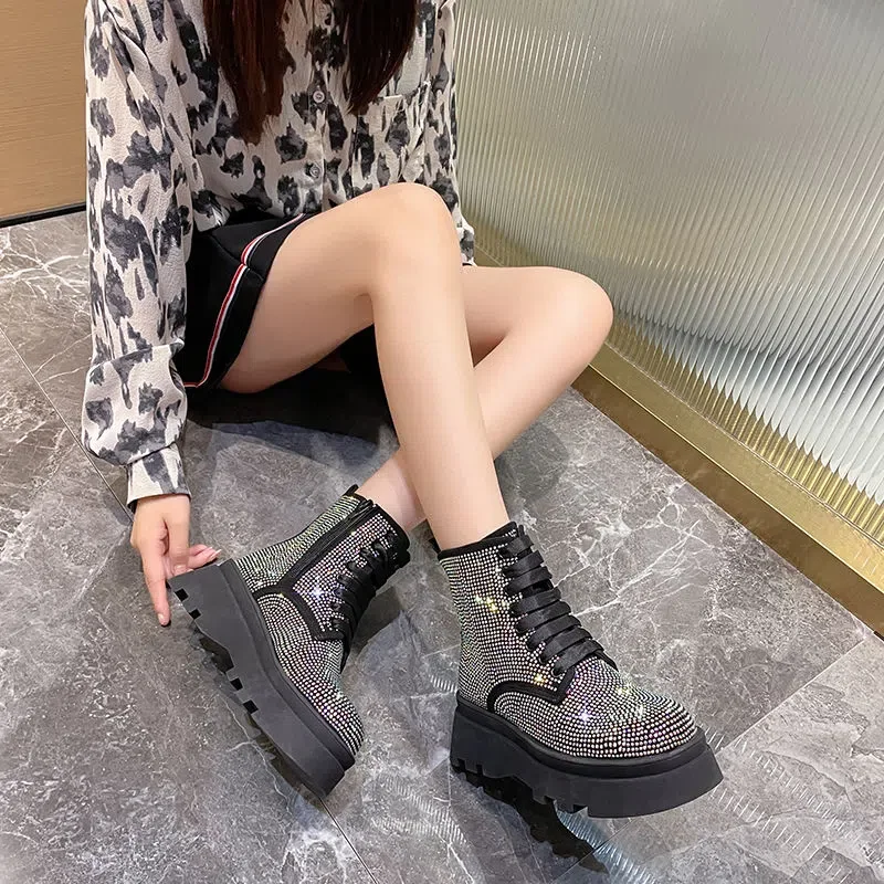 New Fashion Bling Crystal Chunky Ankle Boots for Women Luxury Rhinestones Winter Shoes Woman Thick Bottom Platform 2022 Spring
