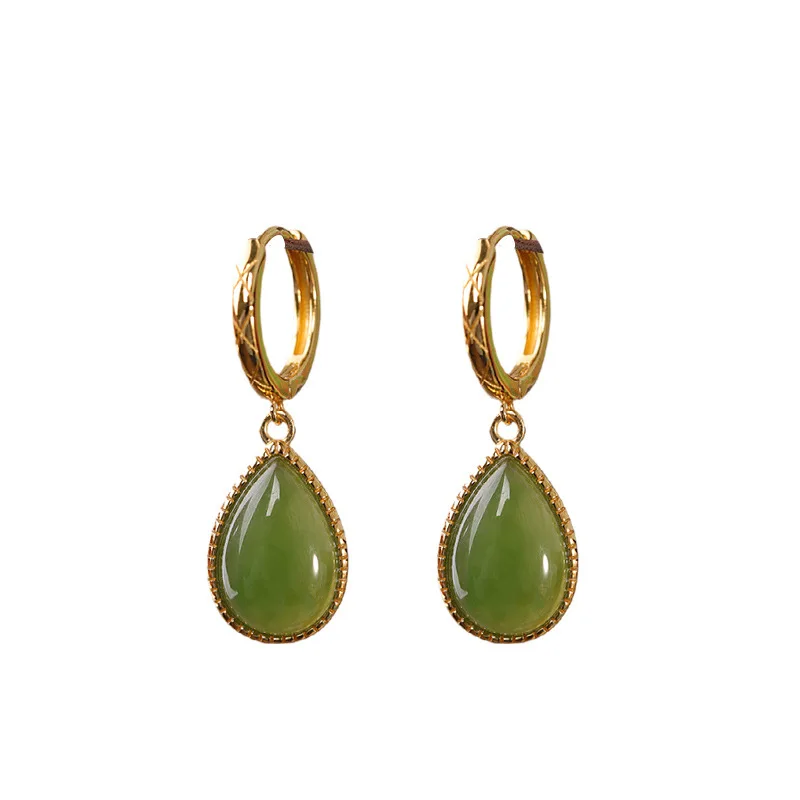 BOCAI New S925 Sterling Silver Jewelry Wholesale Gold Plated Inlaid With Hotan Jade Water Drop Earrings Women's Selected Gift