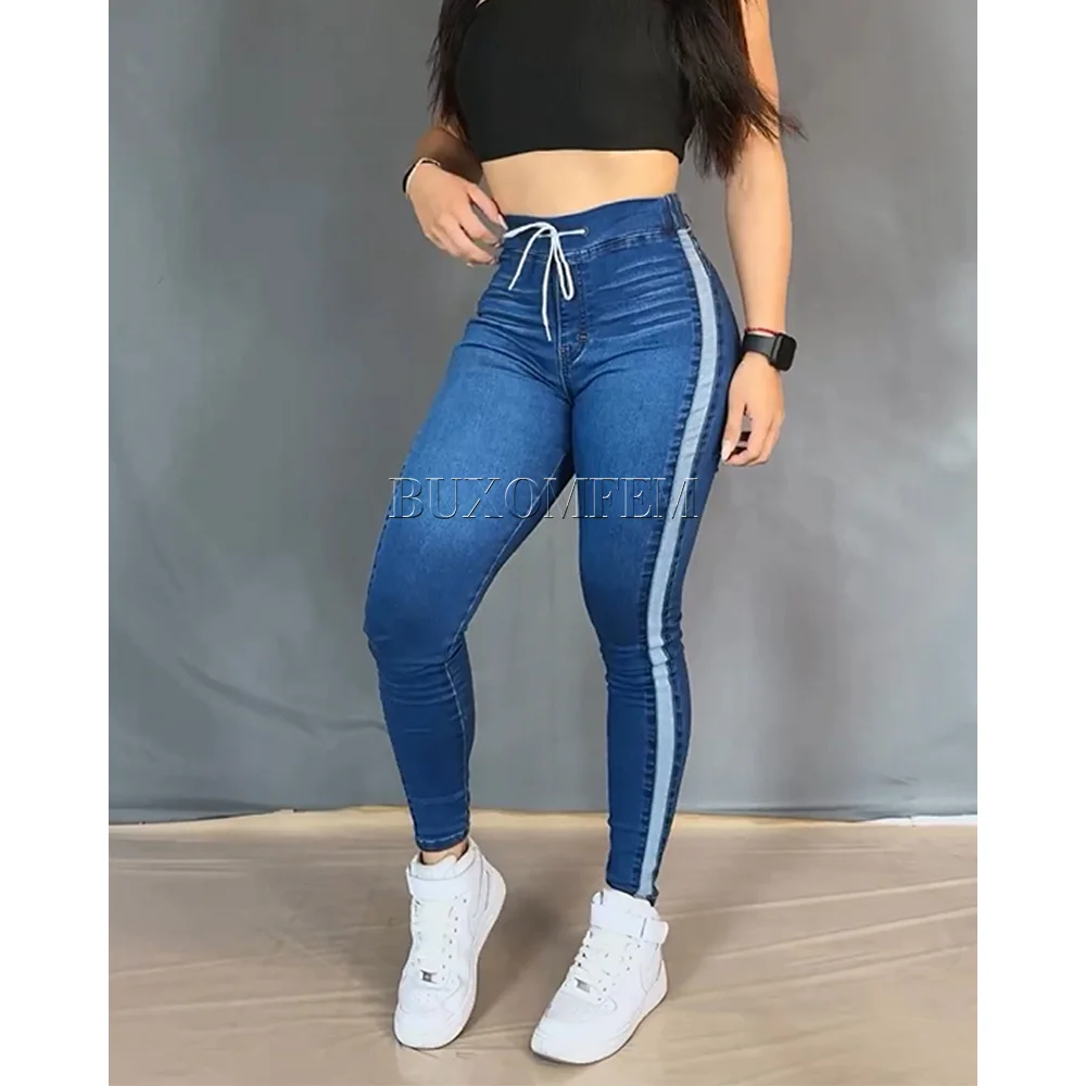 

Skinny Casual Jeans Stretchy High Waisted Tight Straight Leg Wrap Hips Daily Trousers Three Stripes Fashion Comfortable Pants