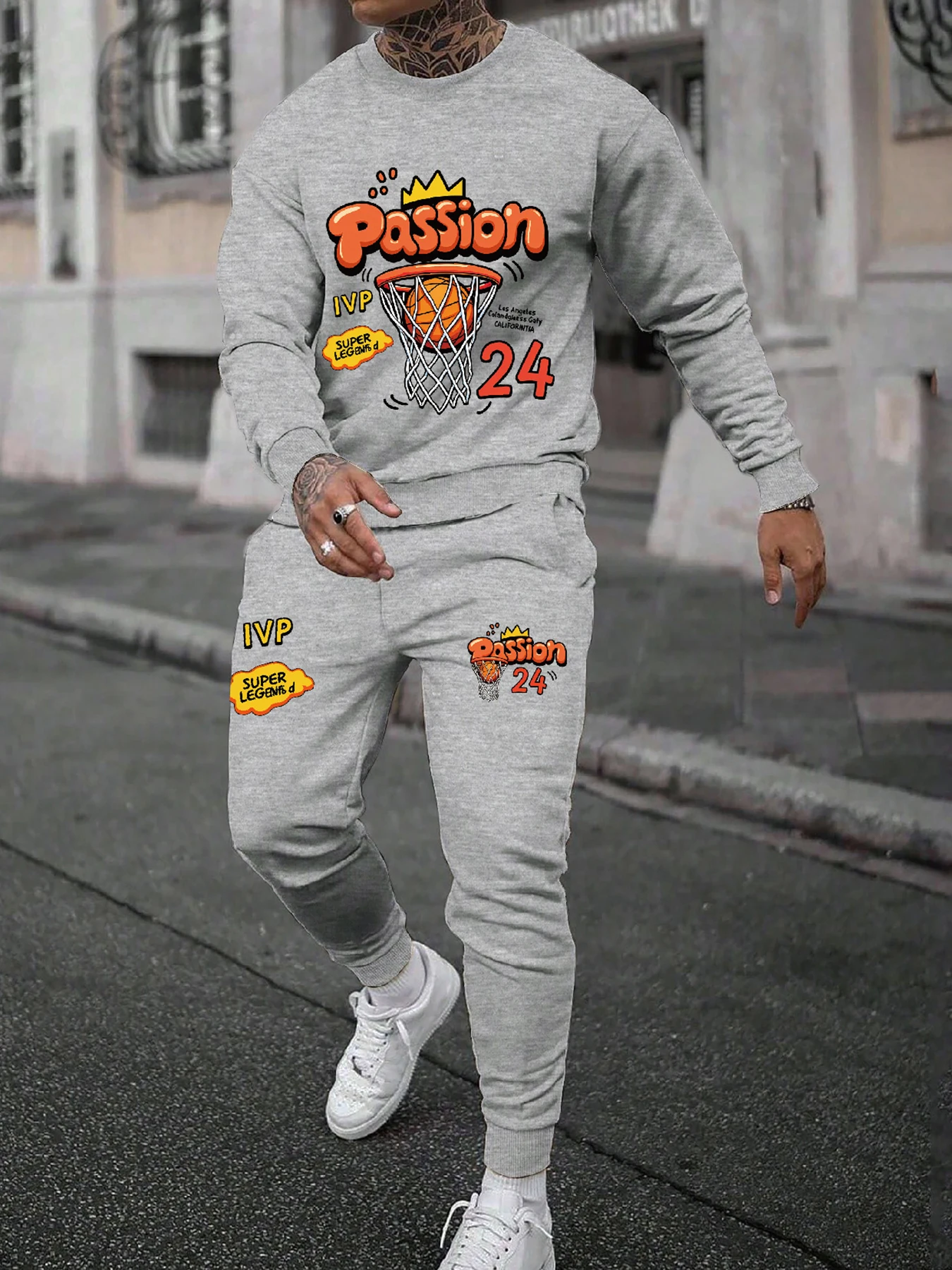 

Костюм-толстовка с круглым вырезом, черный баскетбольный принт маракуйи с номером 24, подходит для спортивных и повседневных сцен