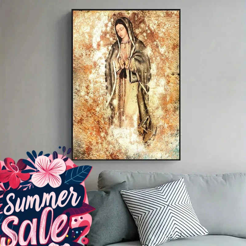 Virgin Guadalupe Held a Candle for the Room – Retro Catholic Religious Frameless Canvas for Living Room Prayer Space 2026