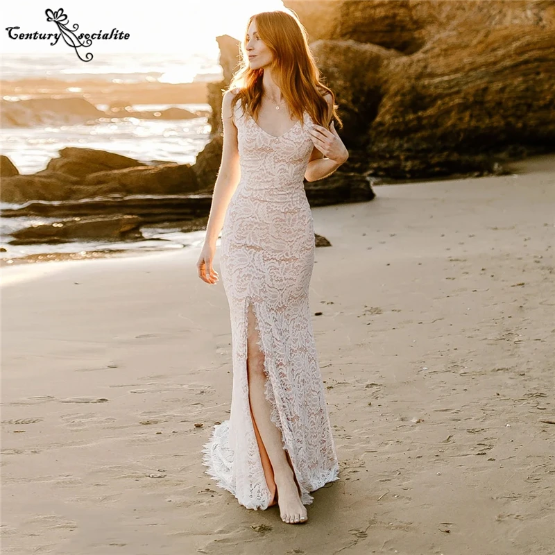 Beach Wedding Dresses for Bride 2025 Lace Mermaid V Neck Backless Sweep Train Rustic Boho Women Bridal Gowns Customized