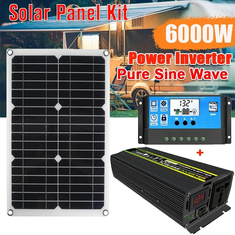 Solar Power Generation System 6000W Pure Sine Wave with Smart LCD Display Dual USB 12V To 110/220V with 30A Solar Controller Set