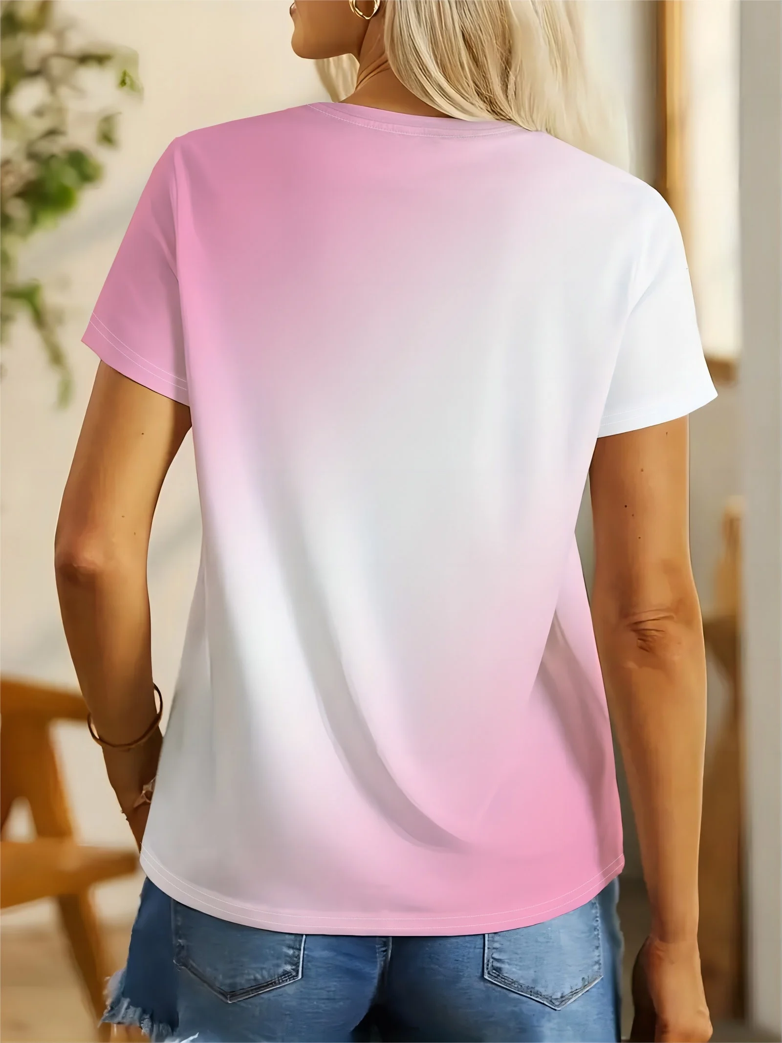 Women's T-shirt Round Neck Sketch Glasses Cat Print Short Sleeve Gradient Color Casual Street Summer Women Clothes