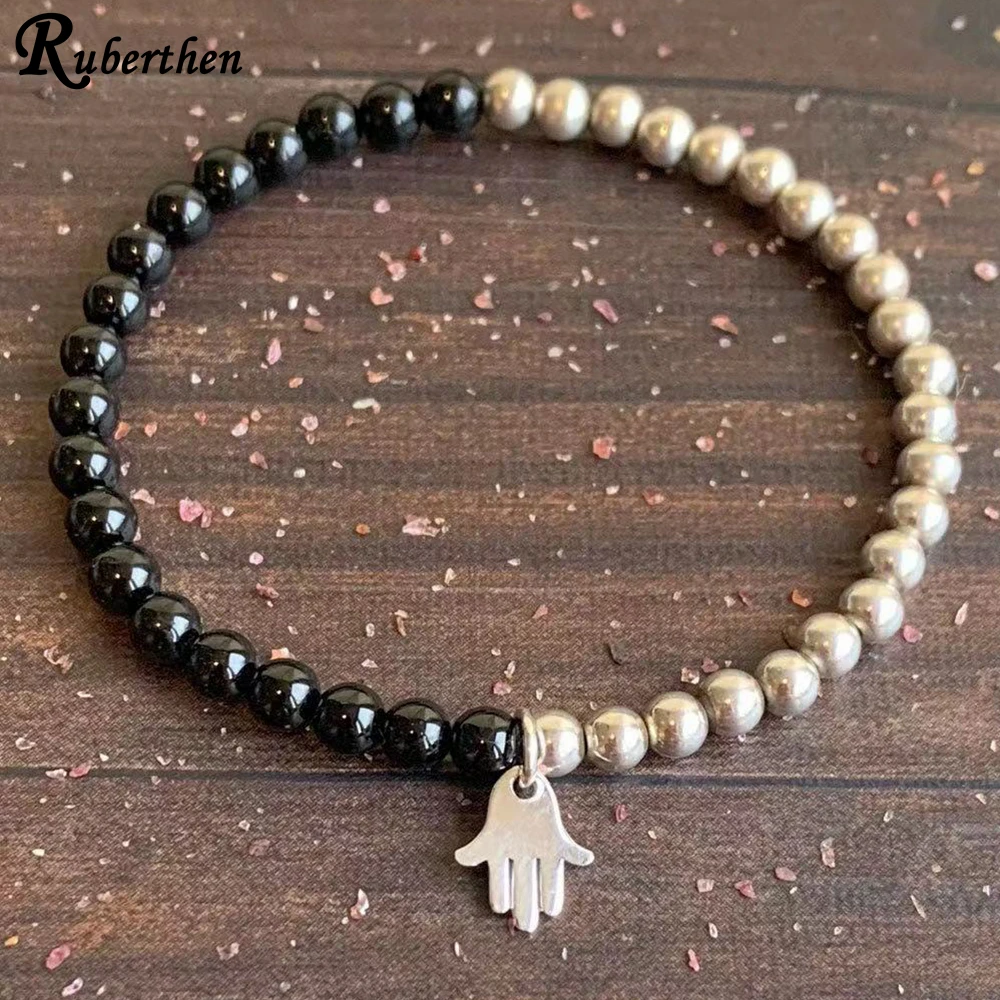 Ruberthen 4 MM Black Tourmaline with Sterling Silver Bracelet Hamsa Charm Energy Protection Mini Mala Jewelry